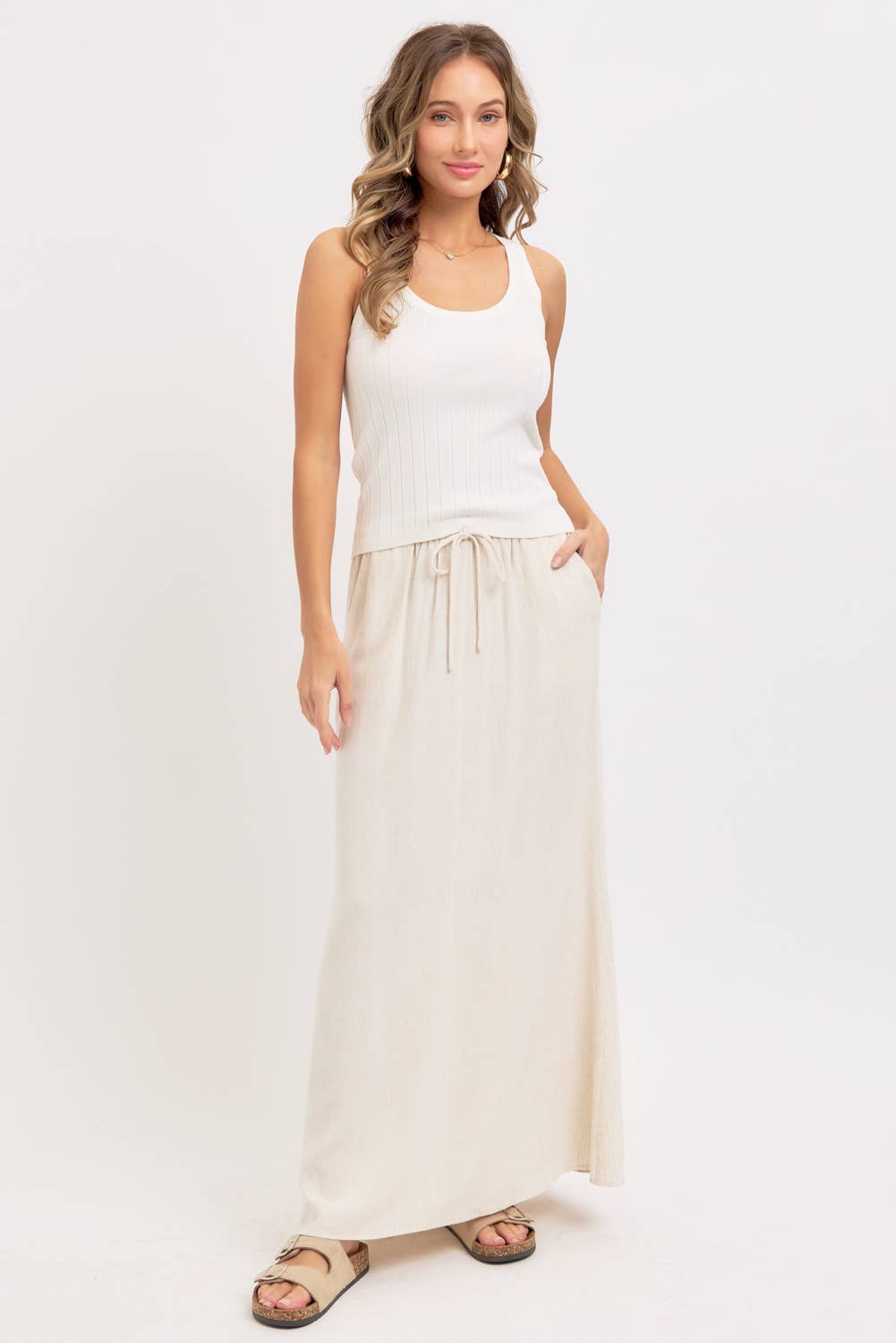 LINEN PULLOVER MAXI SKIRT - Whimsical Details - ["linen","Linen Dress","midi skirt","oatmeal","skirt"]