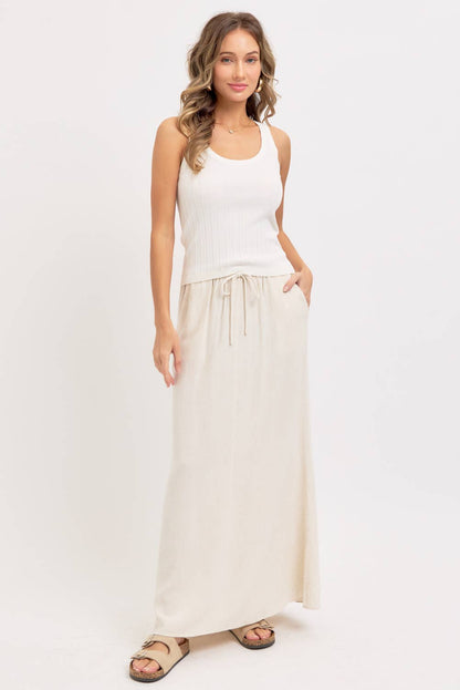 LINEN PULLOVER MAXI SKIRT - Whimsical Details - ["linen","Linen Dress","midi skirt","oatmeal","skirt"]
