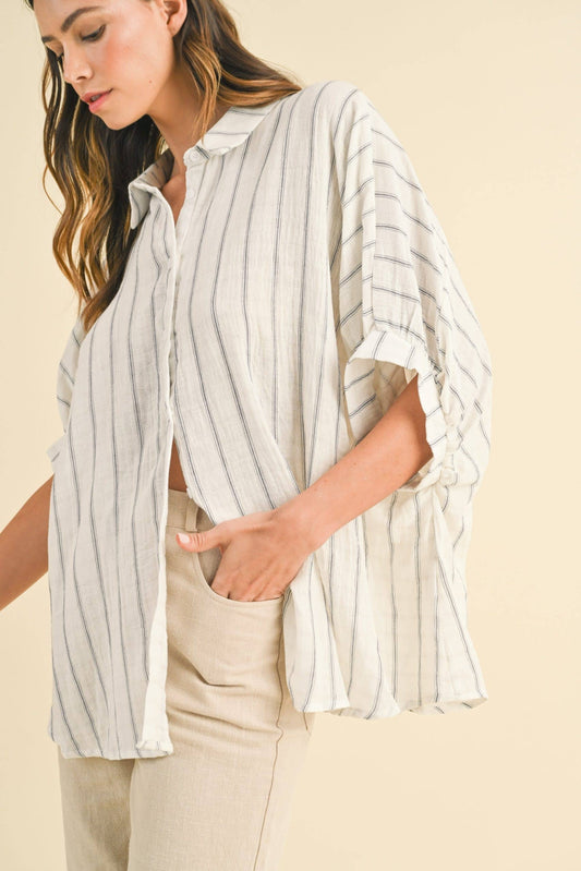 Oversized Drop Shoulder Striped Woven Blouse