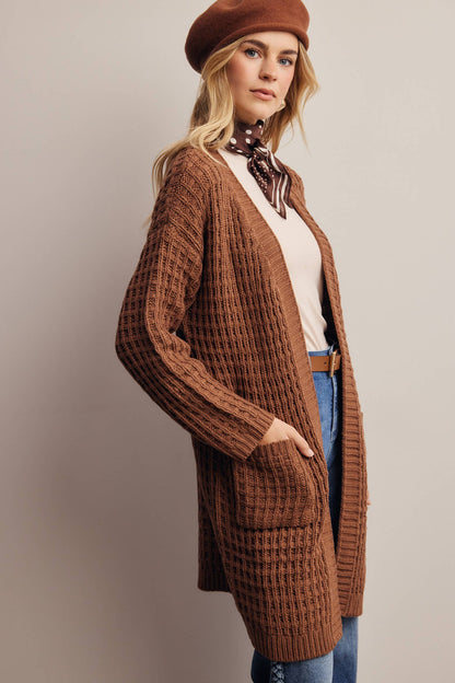 Waffle Knit Open Front Long Cardigan
