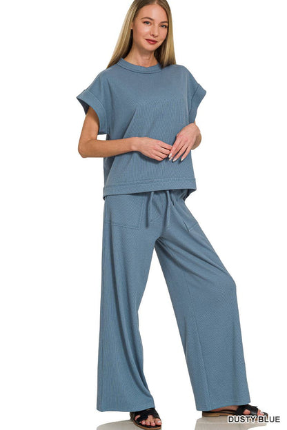 Ribbed Short Sleeve Tee N Pants - Whimsical Details - ["ash Mocha","lounge","lounge wear","set","sweat set","trendy"]