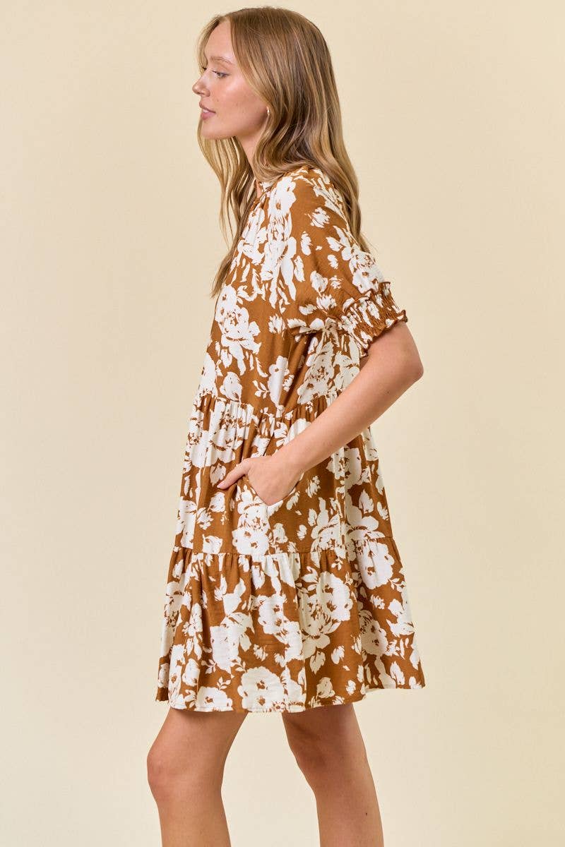 Floral Print Split V-Neck Puff Short Sleeve Dress