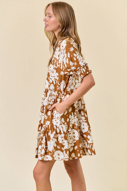 Floral Print Split V-Neck Puff Short Sleeve Dress