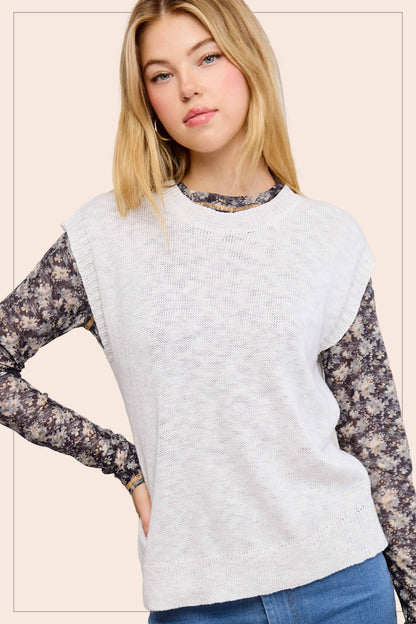 Loose Fit Sleeveless Ribbed Knit Crew Neck Top - Whimsical Details - ["Milk","sweater Tank","tank","tank top"]