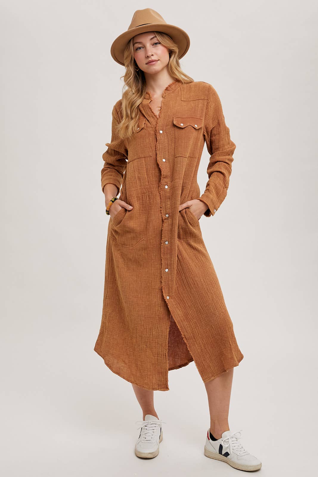 Washed Denim Midi Button Down Shirt Dress - Whimsical Details - transition