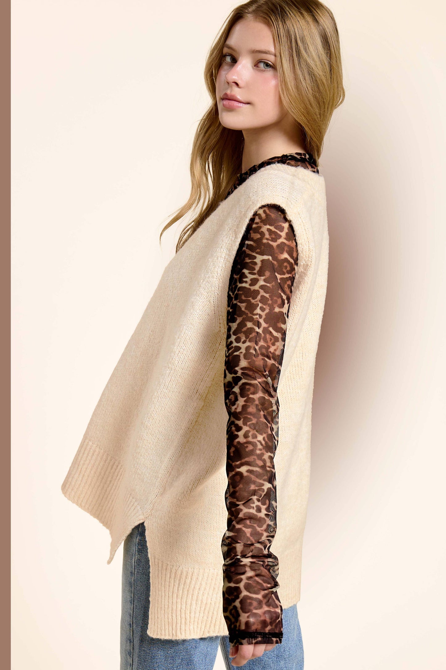 Oversized Soft Knit Sweater Vest with Side Slit - Whimsical Details - ["black sweater","sweater","Sweater Vest","v neck","vest"]