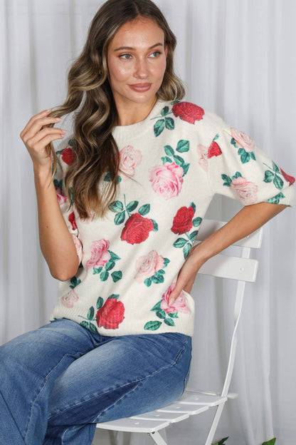 English Roses Crew Neck Cozy Soft Knit Sweater