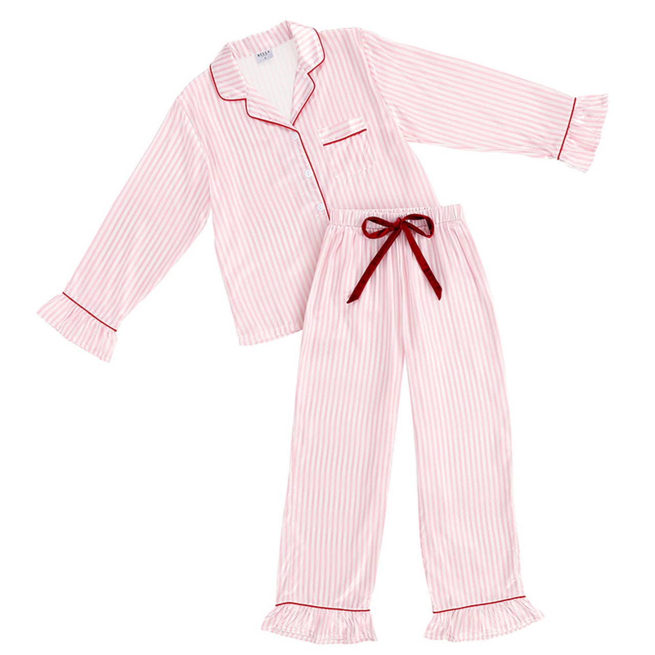 Ruffle PJ Set With Velvet Tie - Pink Stripe - Whimsical Details - []