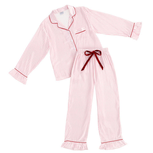 Ruffle PJ Set With Velvet Tie - Pink Stripe - Whimsical Details - []