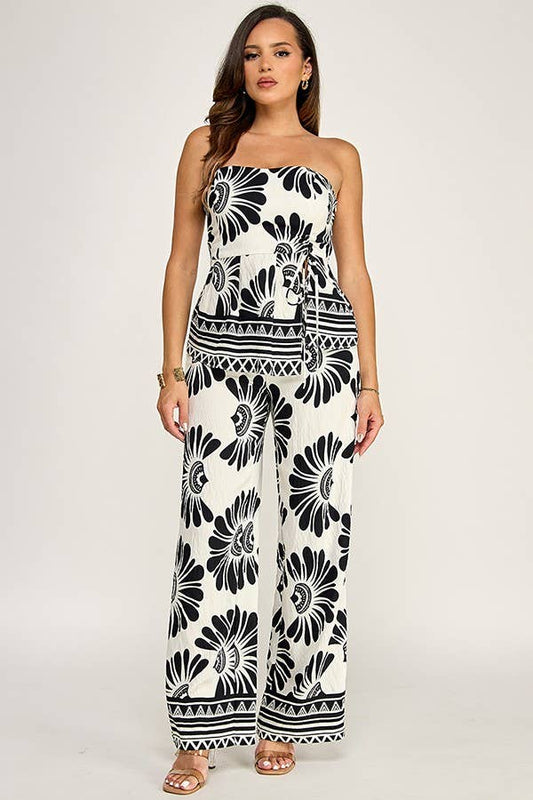 Printed Peplum Waist Tie Detail Top With Pants Set
