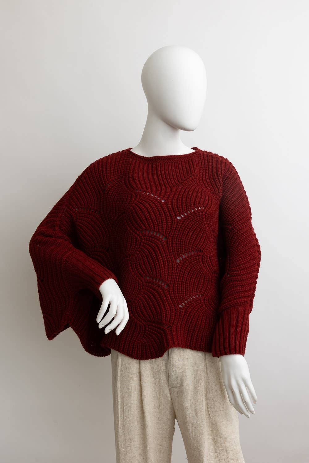 Ribbed Knit Pattern Poncho w/ Sleeves - Whimsical Details
