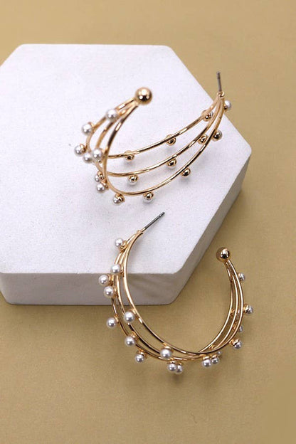 ALLISON TRIPLE ROW WIRE PEARL HOOP EARRINGS - Whimsical Details - ["earrings","gold","gold hoops","hoops","pearl"]