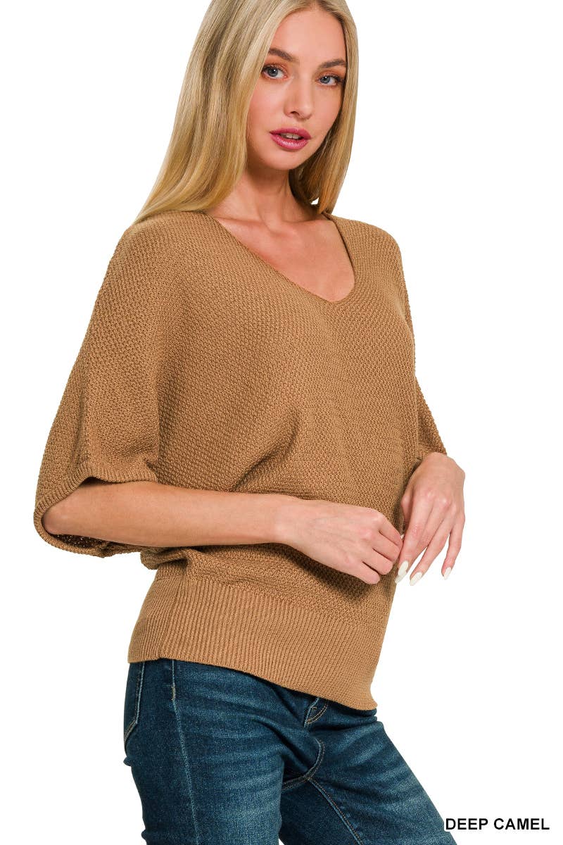 V-neck Short Sleeve Dolman Sweater - Whimsical Details - []