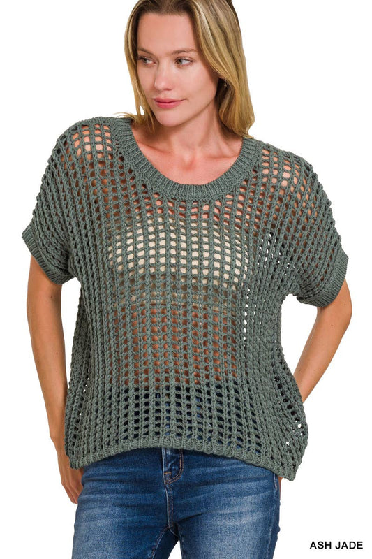 Fish Net Short Sleeve Crochet Sweater