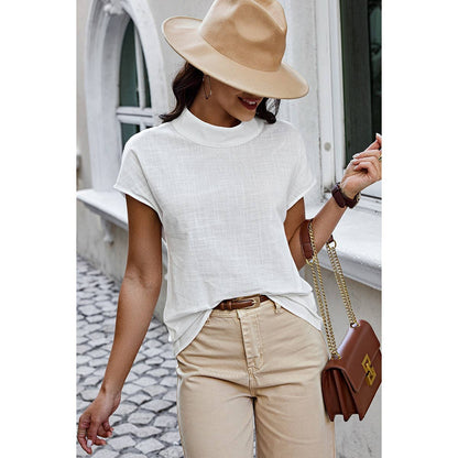 Mock Neck Solid Short Sleeve Blouse