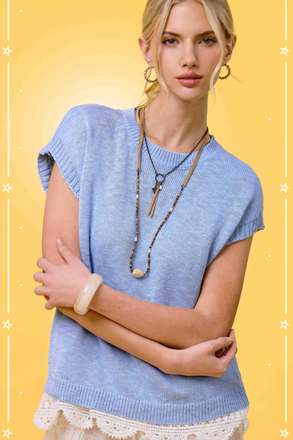 Loose Fit Sleeveless Ribbed Knit Crew Neck Top - Whimsical Details - ["Milk","sweater Tank","tank","tank top"]