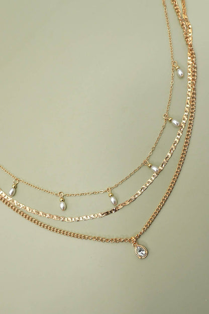BRENNA MULTI LAYER STONE CHAIN TEARDROP CHARM NECKLACE
