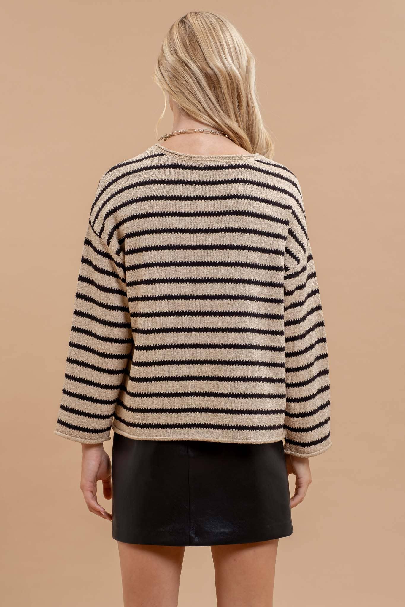 STRIPE BOAT NECK DROP SHOULDER KNIT SWEATER - Whimsical Details - 