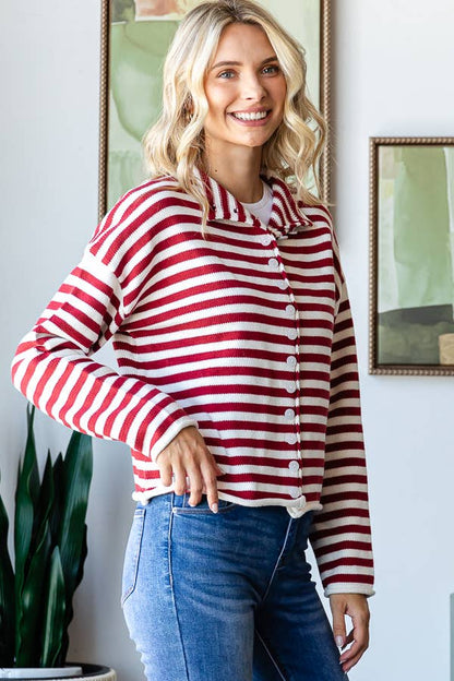 Mock Neck Stripe Sweater - Whimsical Details - ["button up","cardigan","snap cardigan","Spring","sweater"]