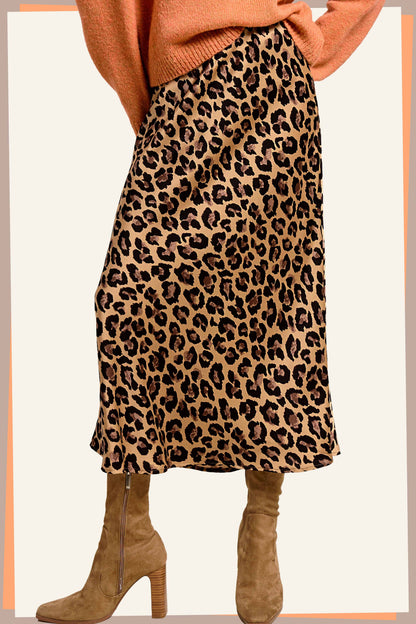 Leopard Dressy Satin Skirt Long Panel Skirt