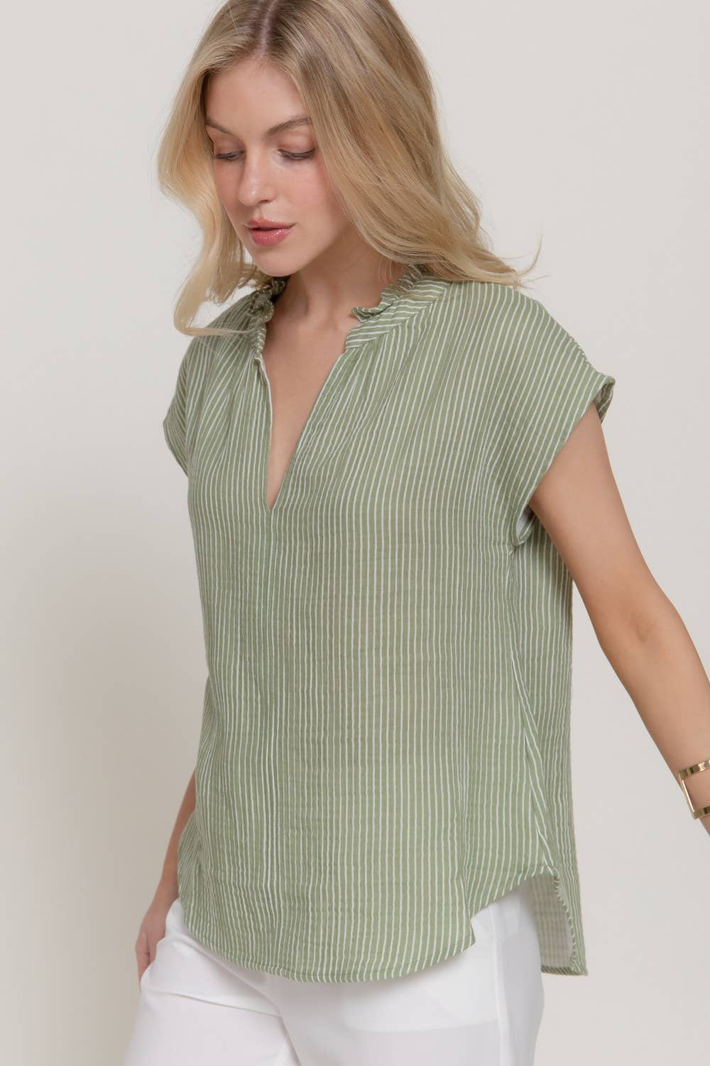 Dolman Slv V-neck Stripe Gauze Blouse