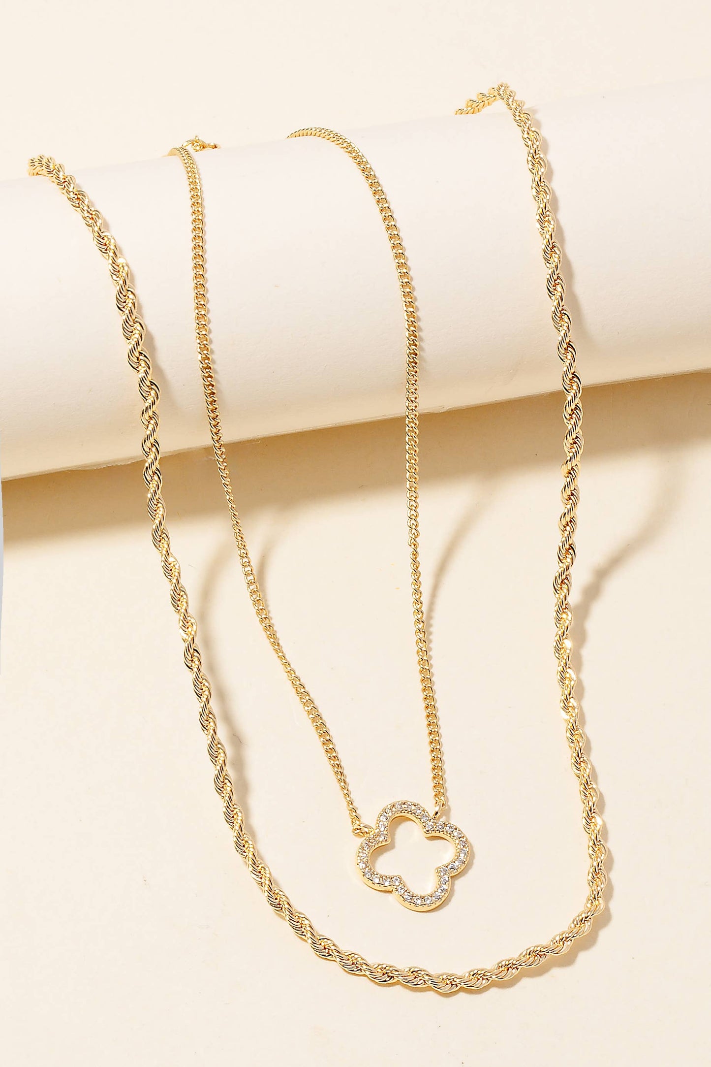 Cz Clover Pendant Layered Rope Chain Necklace