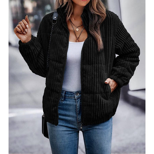 Fuzzy Pocket Zipper Stripe Coat Jacket