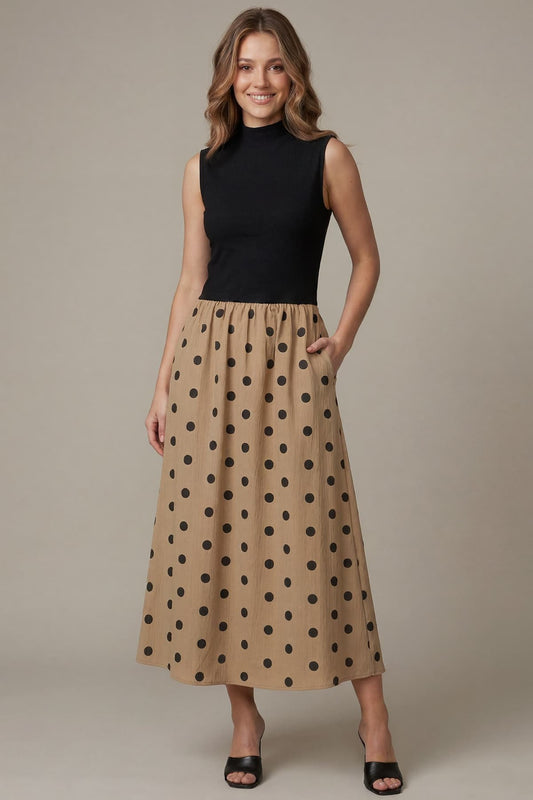 Sleeveless Mock Neck Knit Top Combo Woven Polkadot Midi Dress