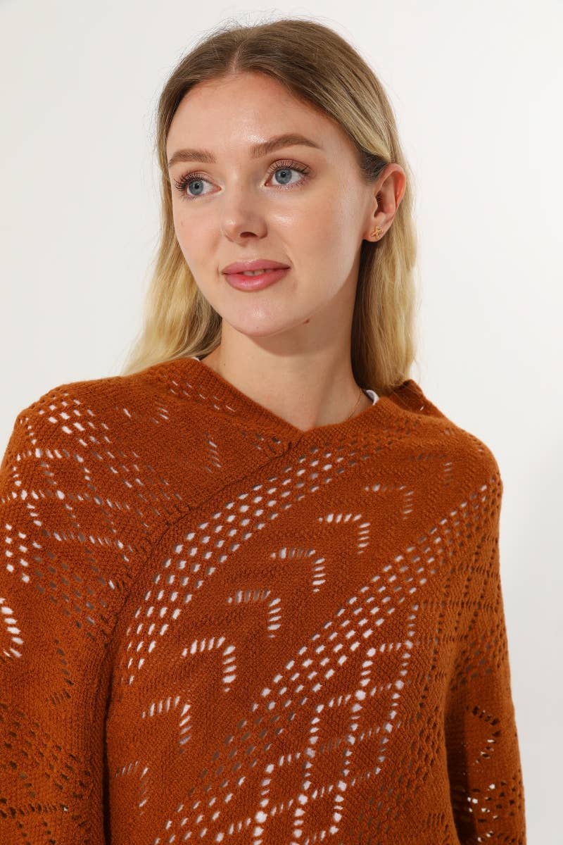 Hollow Knit Triangle Tassel Poncho Shawl