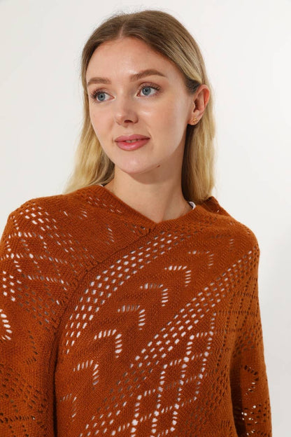 Hollow Knit Triangle Tassel Poncho Shawl