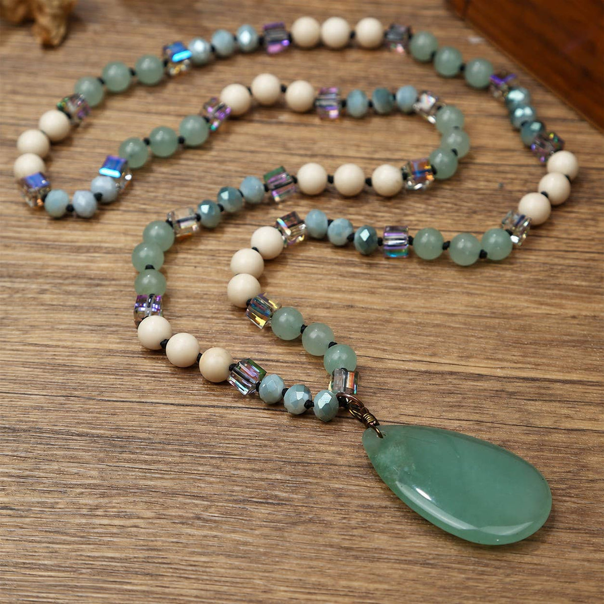 Natural Stone Teardrop Pendant Beaded Long Necklace