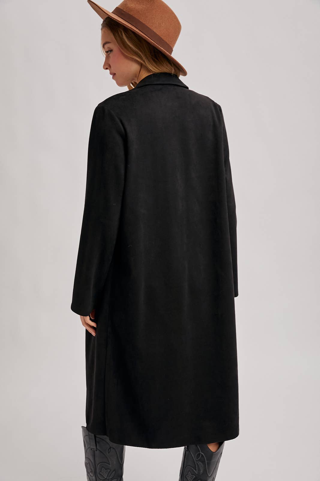 FAUX SUEDE LONGLINE OPEN FRONT COAT