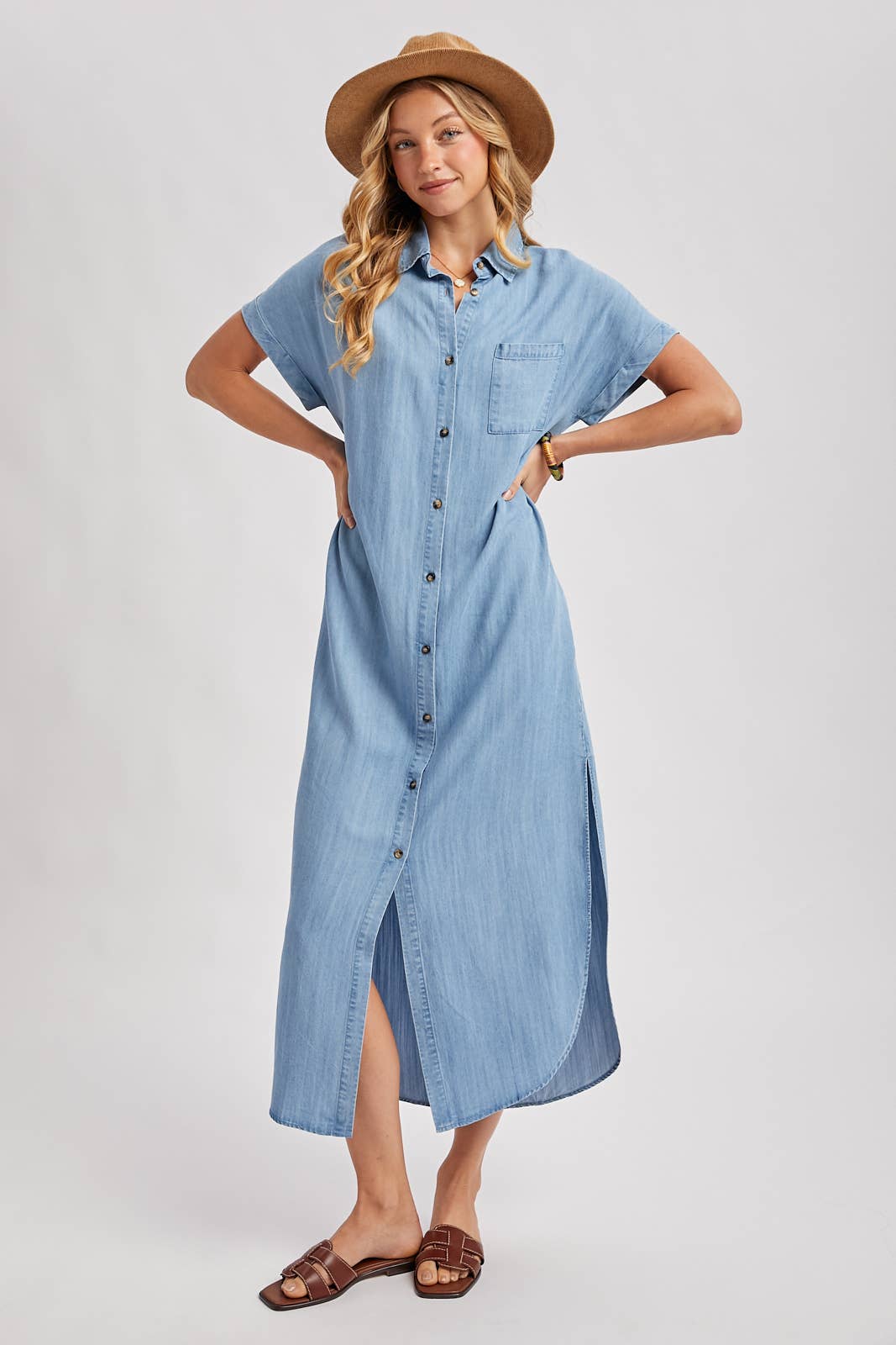Denim Button Down Side Slit Shirt Maxi Dress