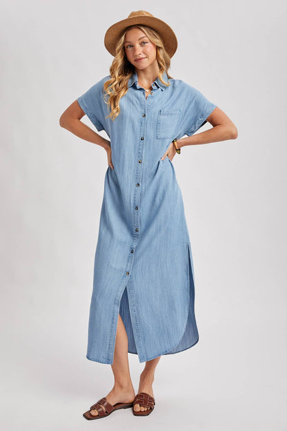 Denim Button Down Side Slit Shirt Maxi Dress