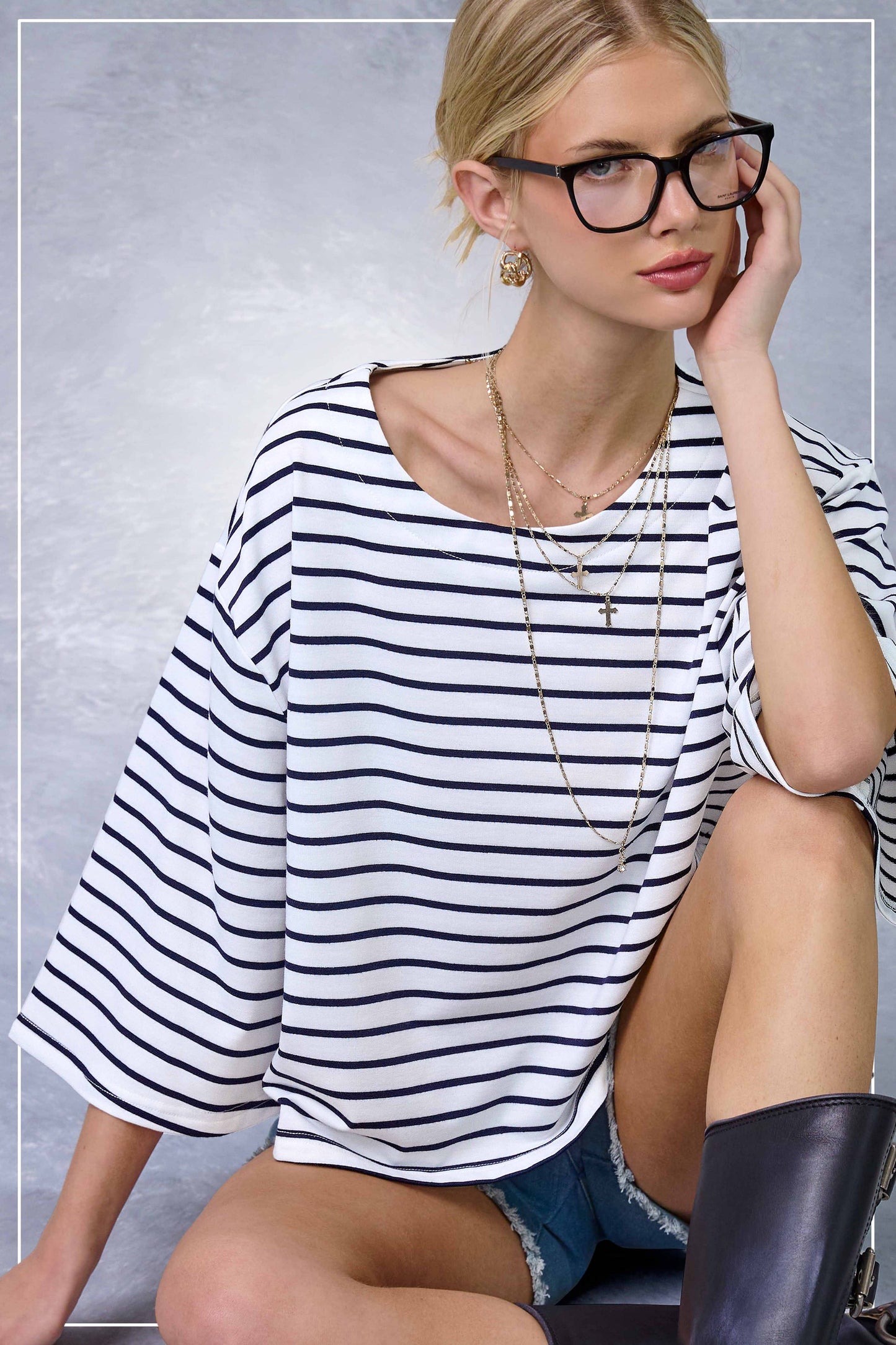 Striped Semi Crop Top with 3/4 Bell Sleeves