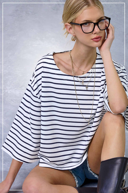 Striped Semi Crop Top with 3/4 Bell Sleeves