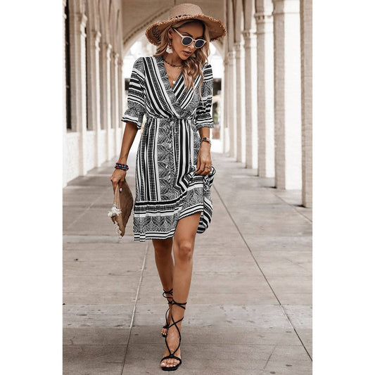 Surplice Neck Ruffle Hem Fit Dress
