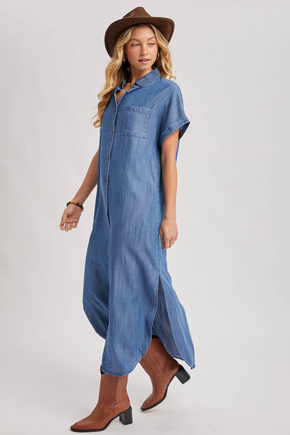 Denim Button Down Side Slit Shirt Maxi Dress