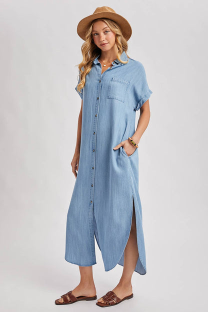 Denim Button Down Side Slit Shirt Maxi Dress