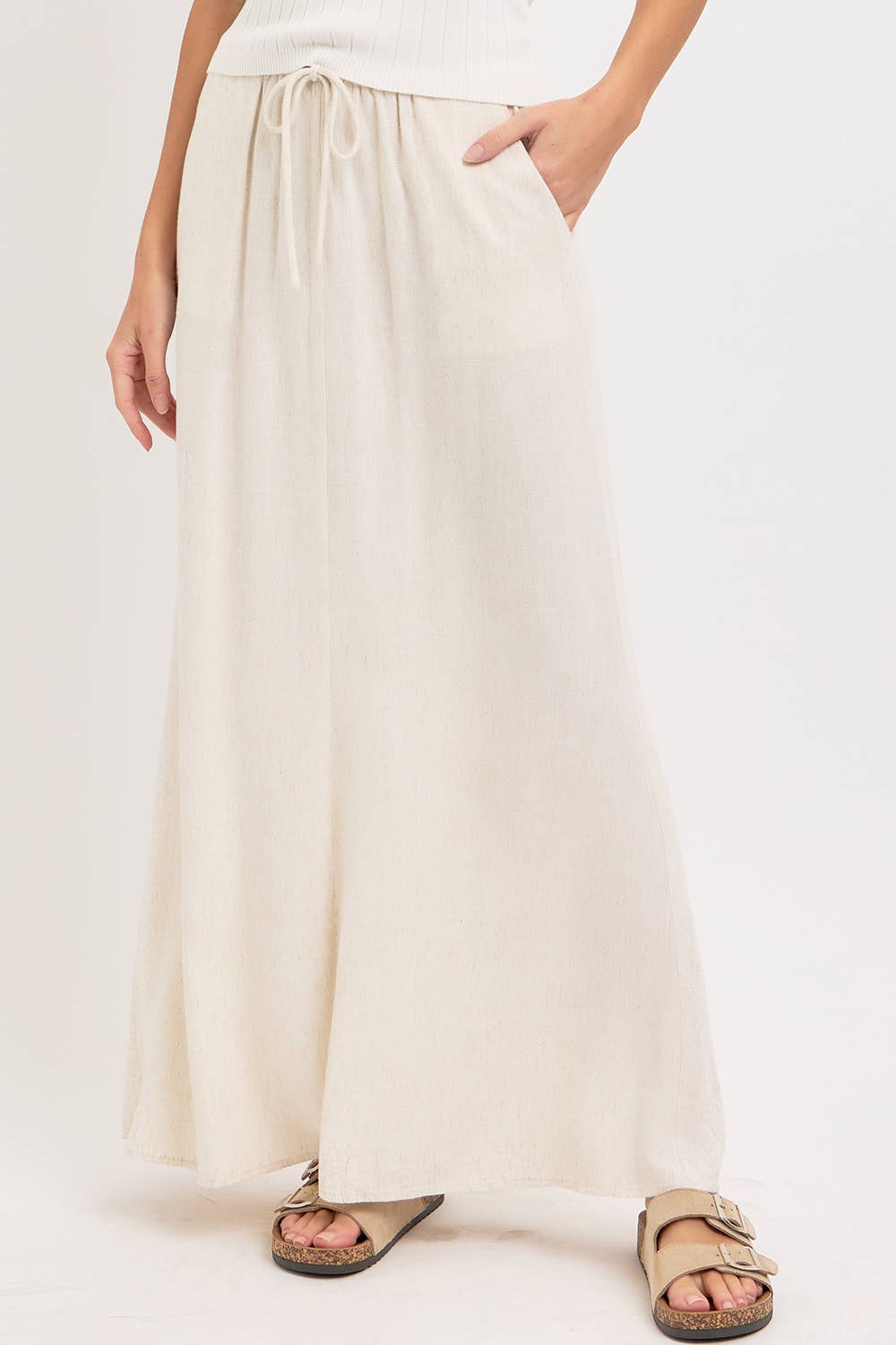 LINEN PULLOVER MAXI SKIRT - Whimsical Details - ["linen","Linen Dress","midi skirt","oatmeal","skirt"]
