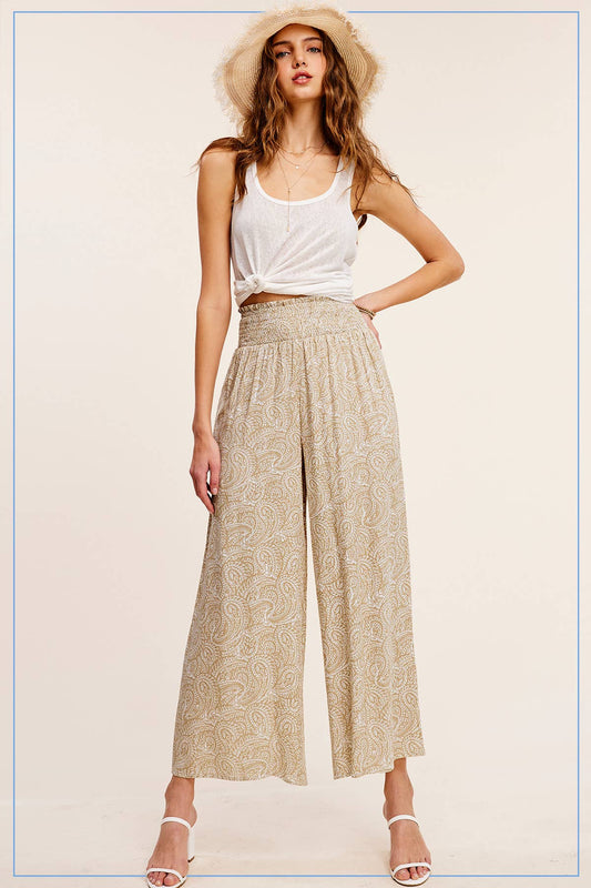 Boho Paisley Print Wide Leg Flowy Pants with Pockets