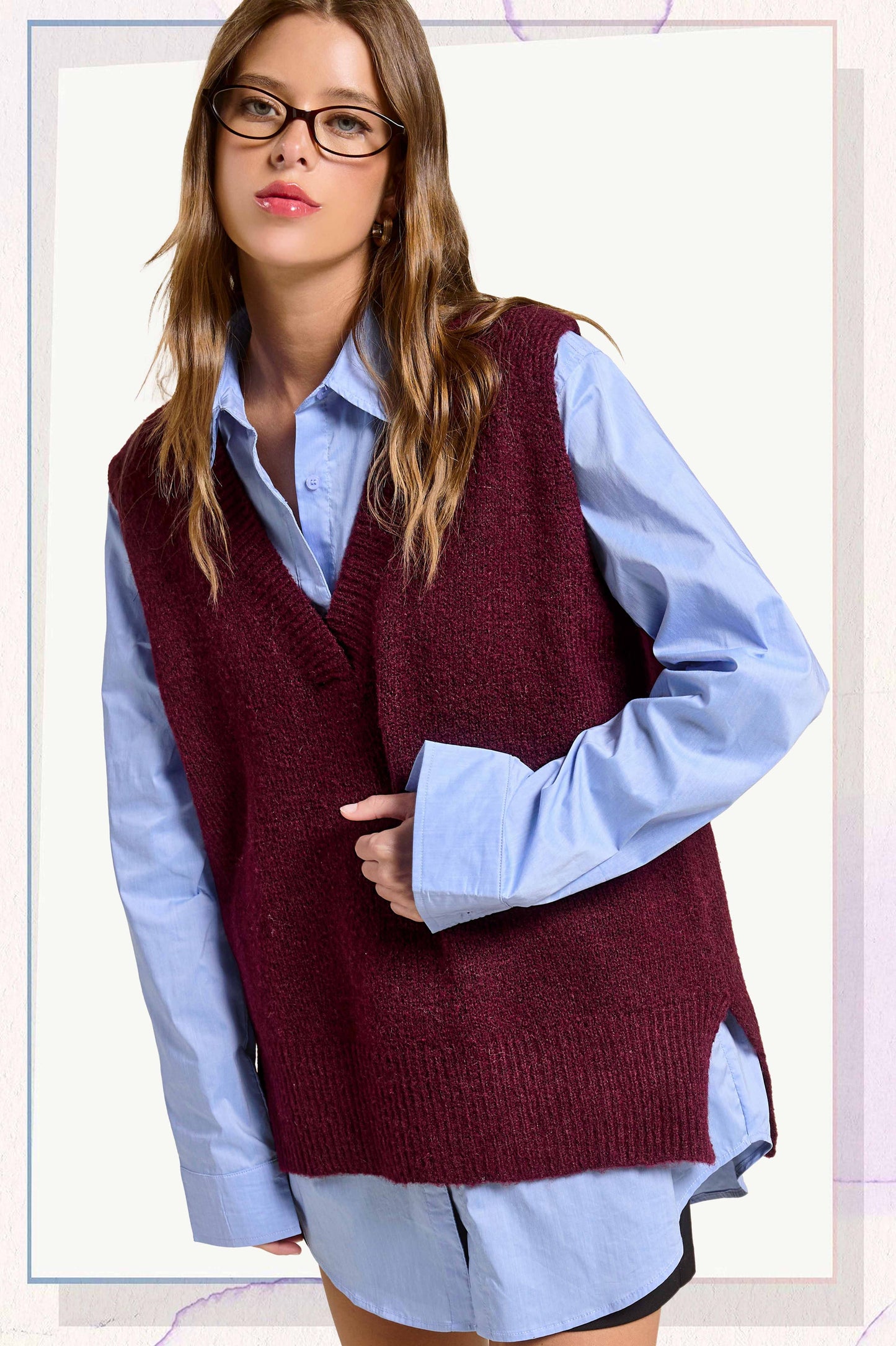 Oversized Soft Knit Sweater Vest with Side Slit - Whimsical Details - ["black sweater","sweater","Sweater Vest","v neck","vest"]