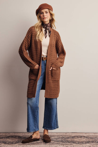 Waffle Knit Open Front Long Cardigan