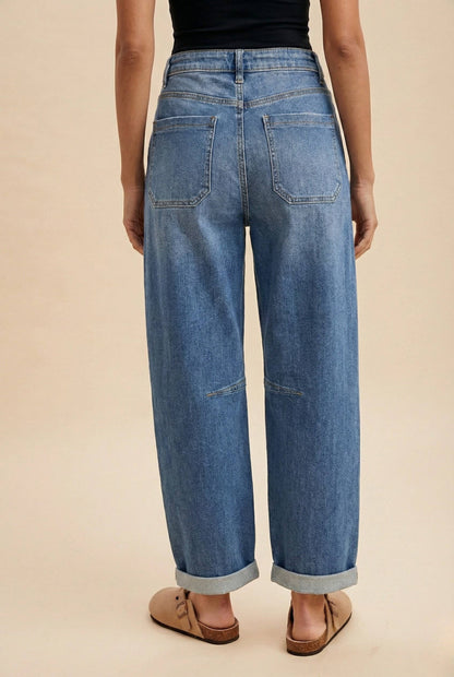 Stretch Denim Loose Fit Roll Up Barrel-leg Jean