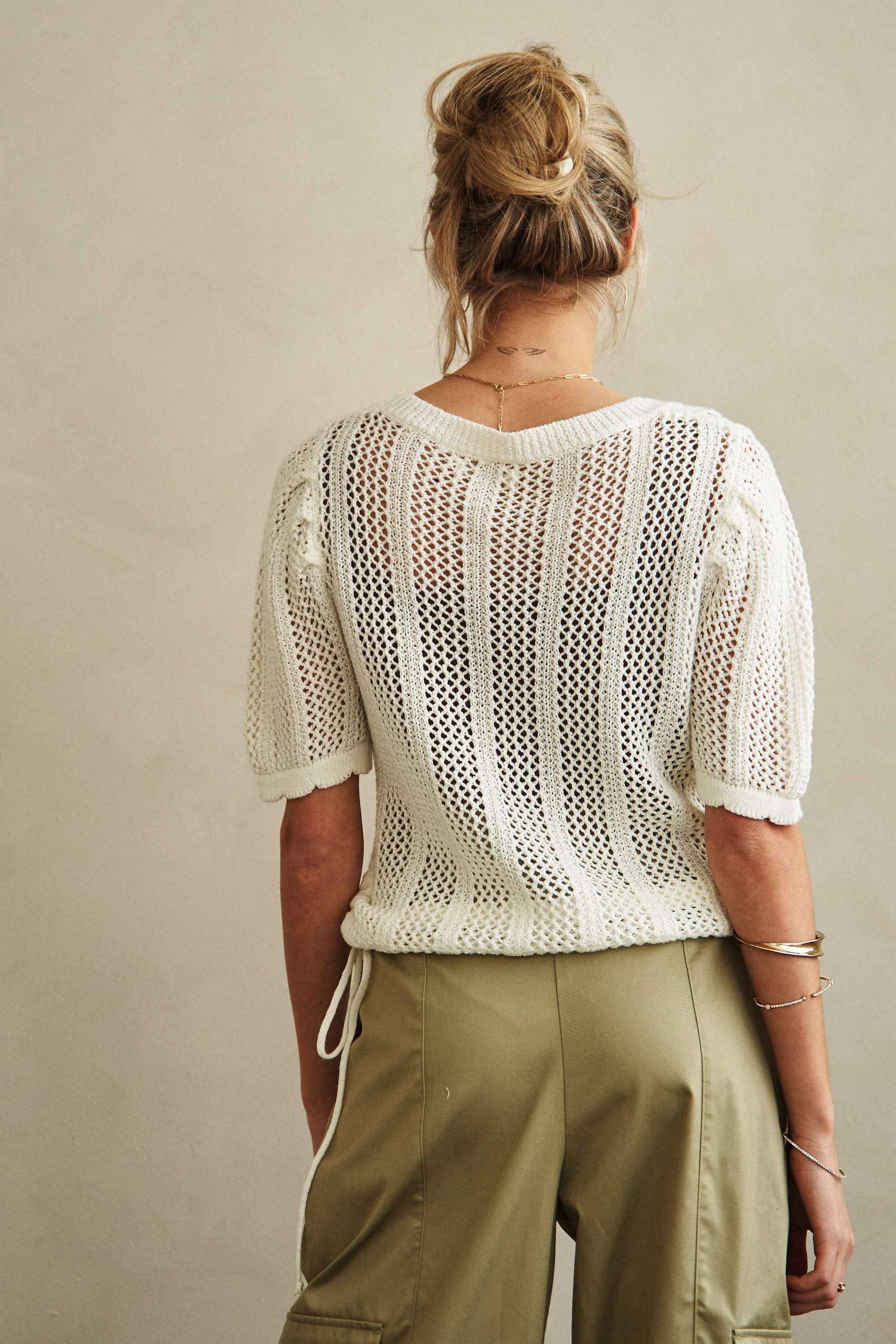 Boat Neck Crochet Knit Top with Side Drawstring - Whimsical Details