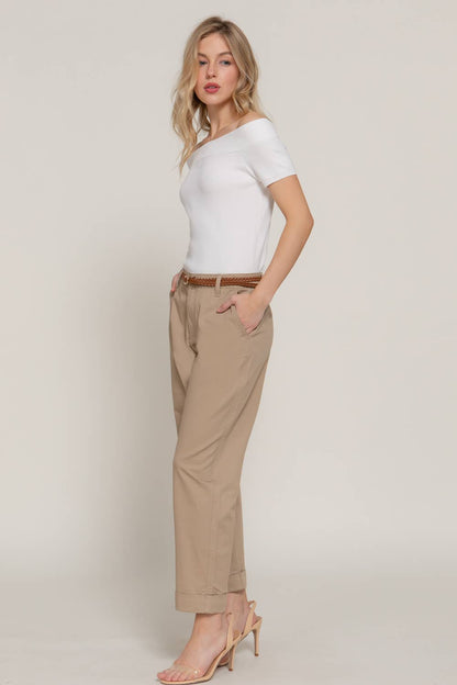 Chino Pants with Braided Belt - Whimsical Details - ["belt","belts","khaki","pants","tan belt"]