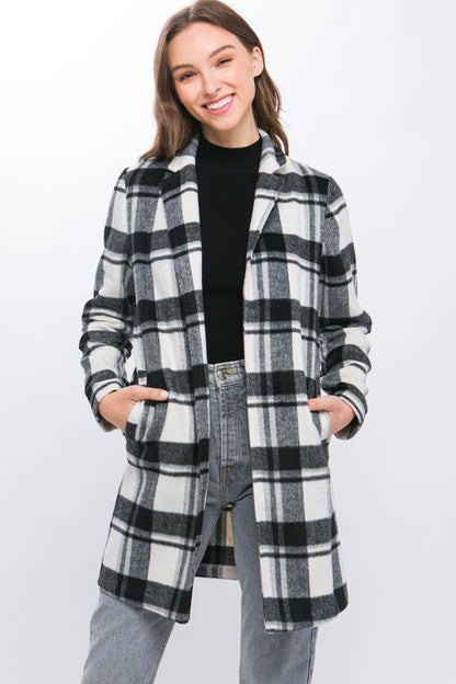 Lapel Collared Plaid Wool Blend Full Coat