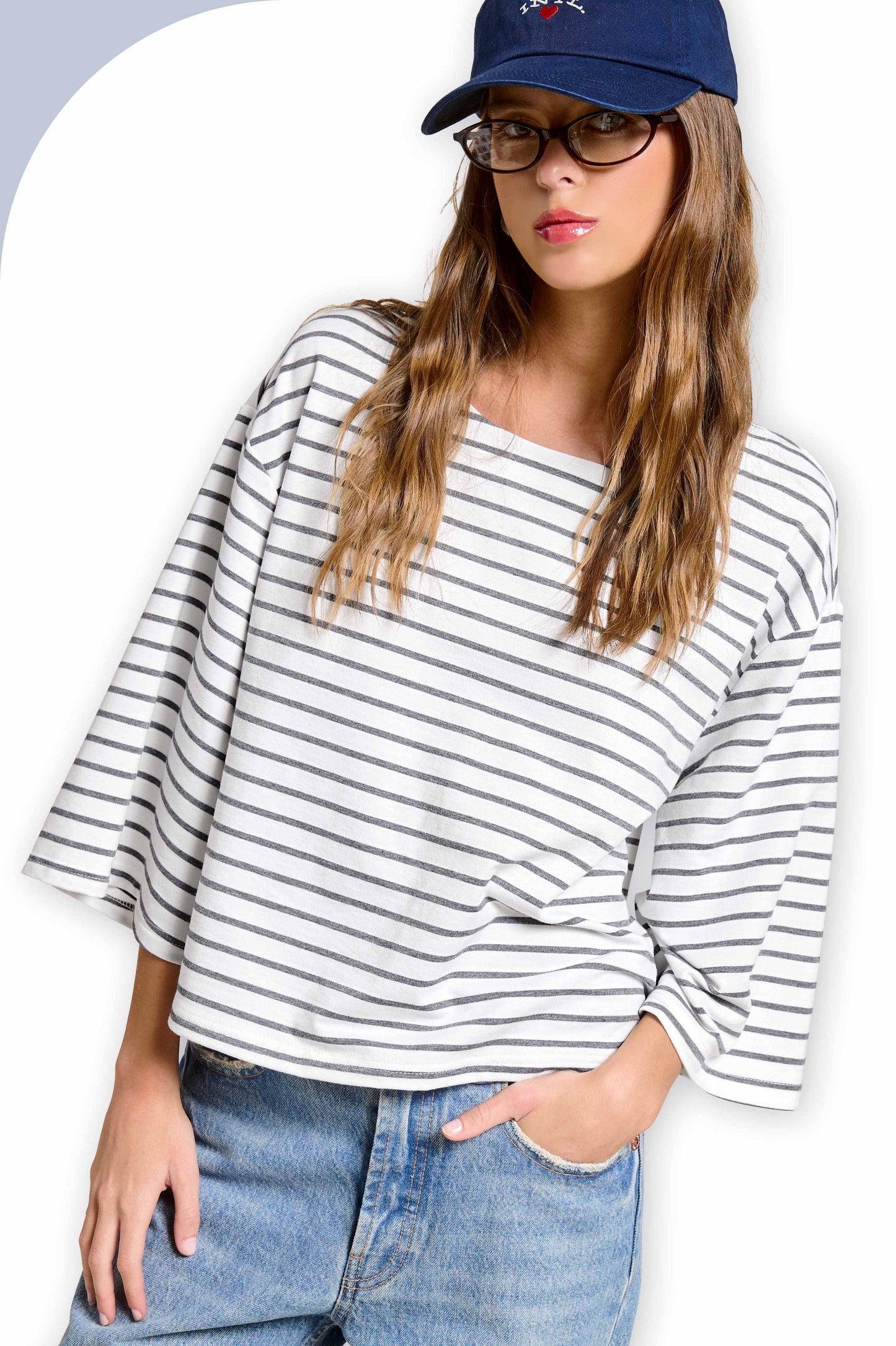 Striped Semi Crop Top with 3/4 Bell Sleeves