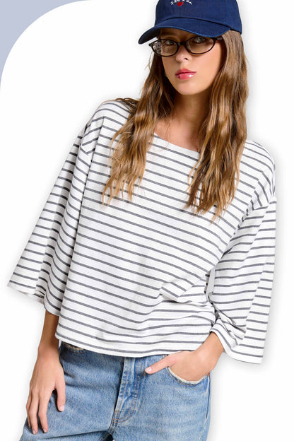 Striped Semi Crop Top with 3/4 Bell Sleeves