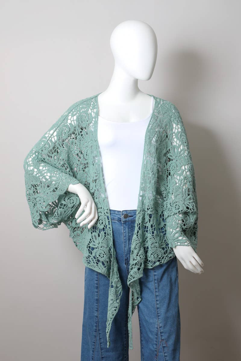 Crochet Floral Petal Kimono Wrap - Whimsical Details - ["kimono","lace","mocha","tie waist"]